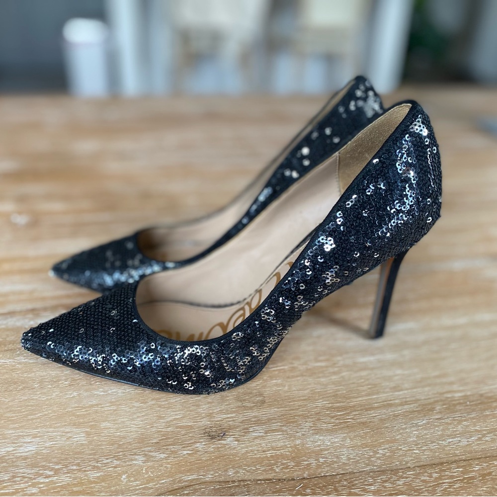 Sam Edelman Black Sequin Heels Pumps 7.5 Taylor Swift Eras Midnights